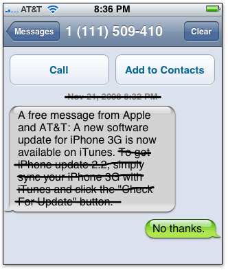 Mensagem SMS mandada pela ATT