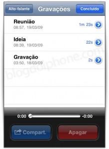Lista de gravações realizadas