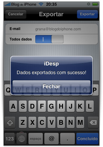 Exportação para o email