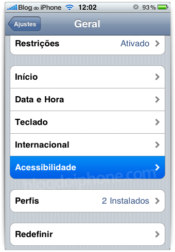 Acessibilidade nos Ajustes do 3GS