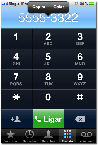 Possibilidade de colar números e palavras no telefone