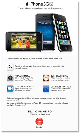 Email da Claro sobre o iPhone 3GS