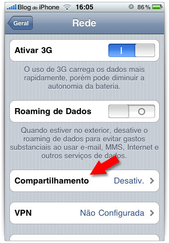 Menu do compartilhamento de internet