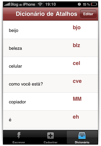 Lista dos atalhos