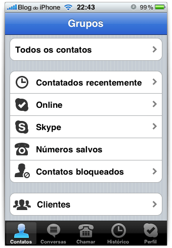 Grupos na tela inicial do Skype