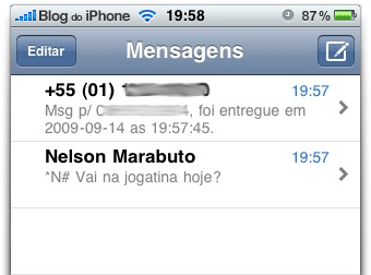 Aviso de recebimento de SMS