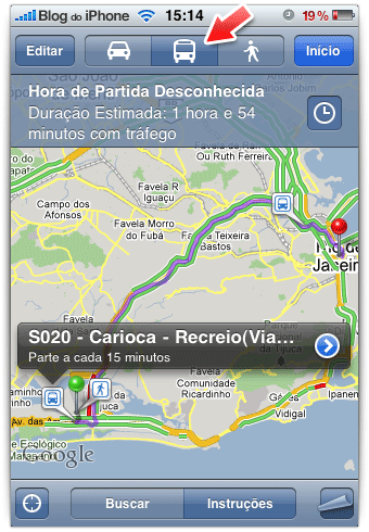 Rota usando o ônibus