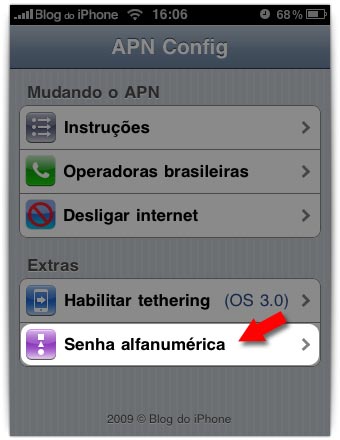 Menu"Senha alfanumérica"