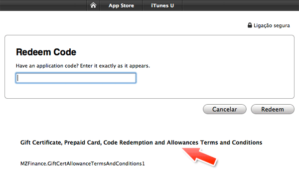 Tela para redeem na App Store BR