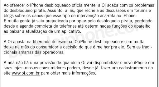 Comunicado Oi sobre o iPhone no Brasil