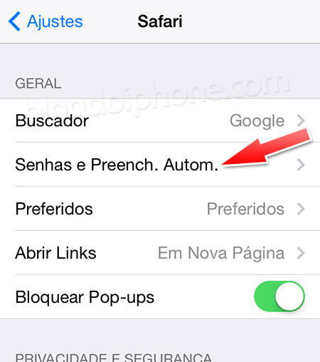 Senhas automáticas no Safari