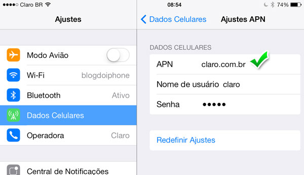 Ajuste correto do APN