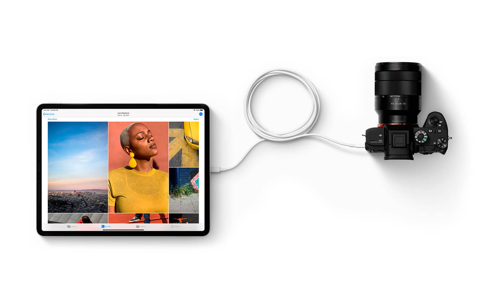 iPad Pro conectado em uma câmera fotográfica profissional