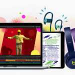 Um MacBook um iPad e fones Beats sobrepostos com manchas coloridas ao fundo