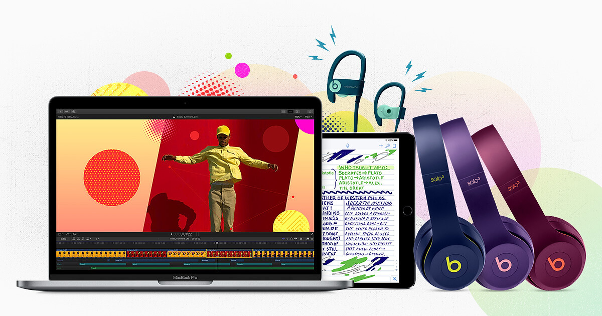 Um MacBook, um iPad e fones Beats sobrepostos, com manchas coloridas ao fundo