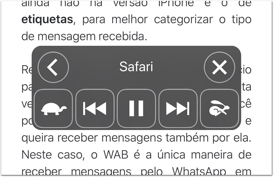 Controle visual que aparece na tela ao acionar a função