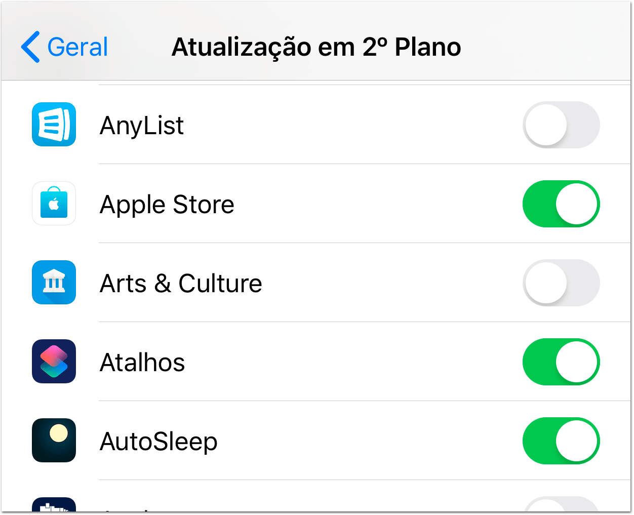 Tela Ajustes iOS