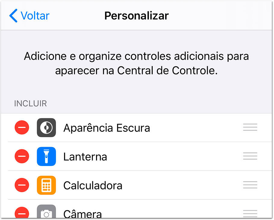 Ajustes da Central de Controle