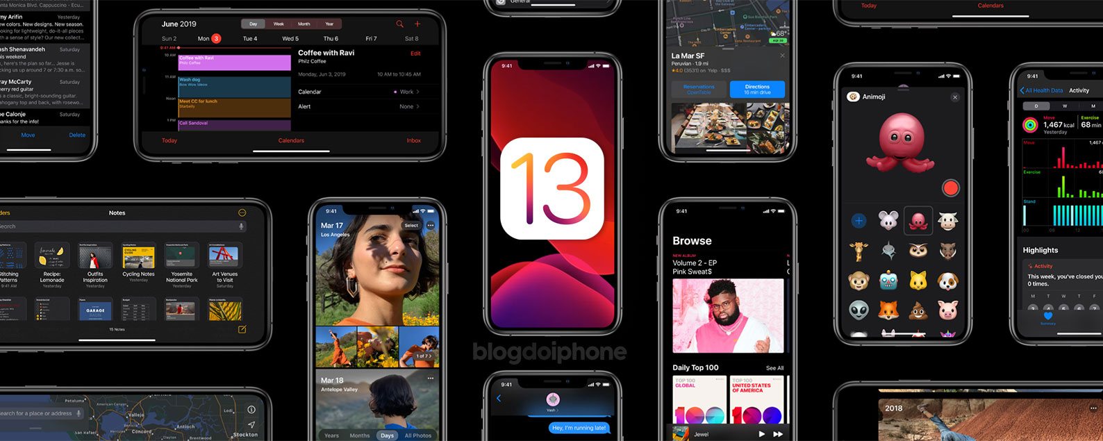 iPhones com iOS 13 e fundo preto