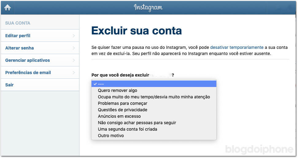 como excluir conta do Instagram