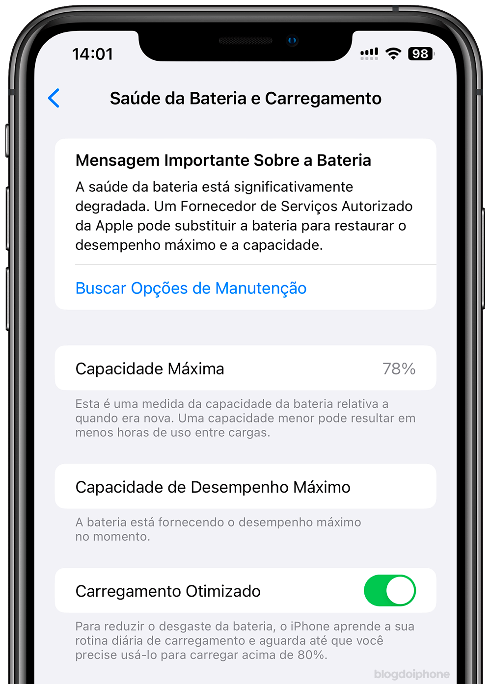 Bateria degradada » Blog do iPhone tela de saúde da bateria no iPhone